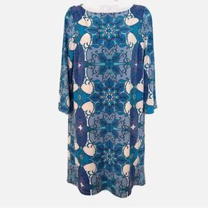 Maggy London Blue Geometric Purple Blue Floral 3/4 sleeve sheath Dress Women's10
